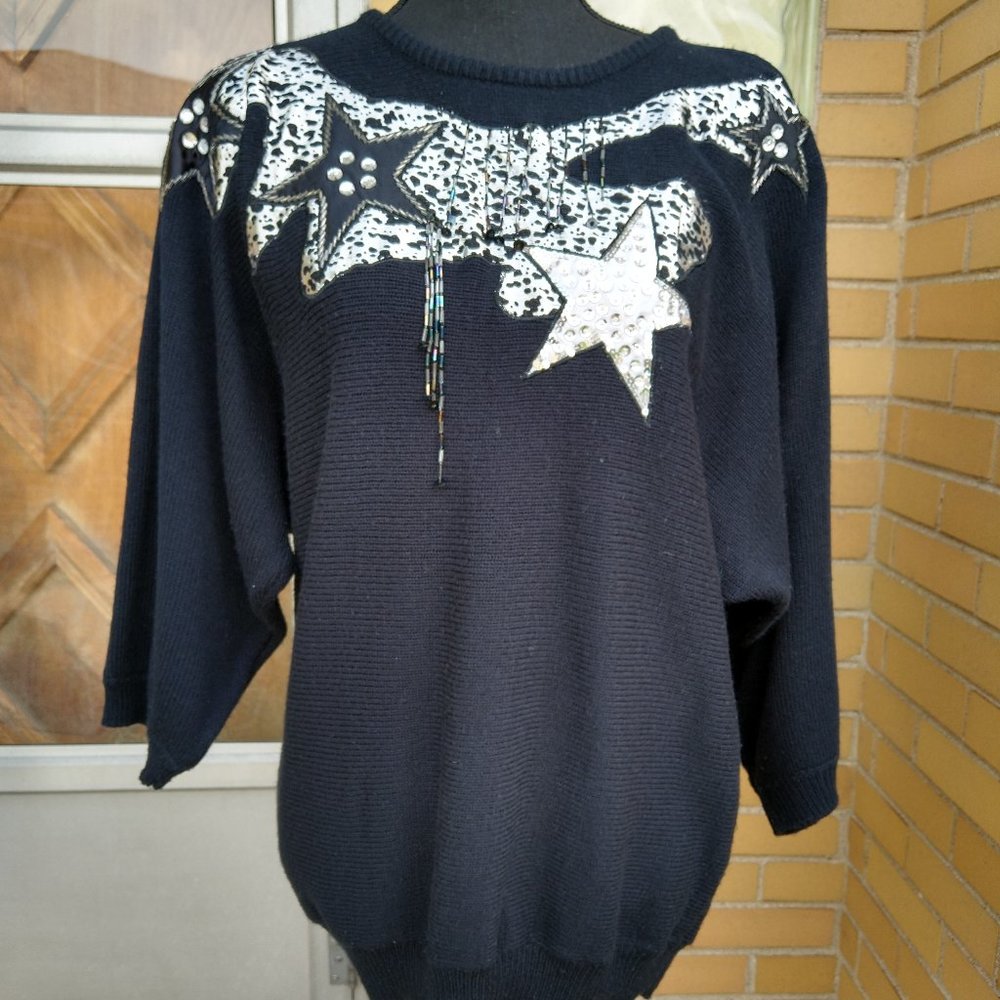 Vintage 80's womens sweater black silver beaded star disco rhinestone M/L